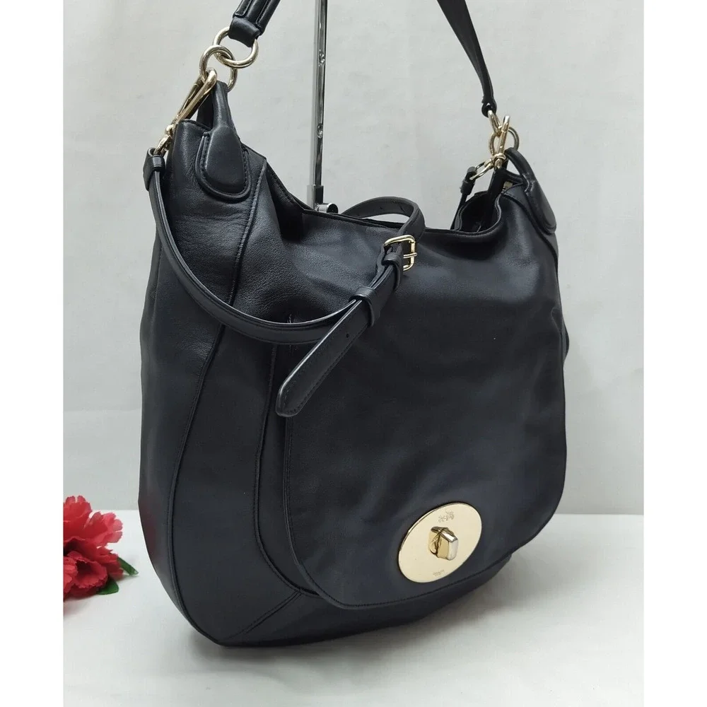 Coach Whiplash Circle Black Smooth Leather Turnlock Hobo Shoulder Bag
